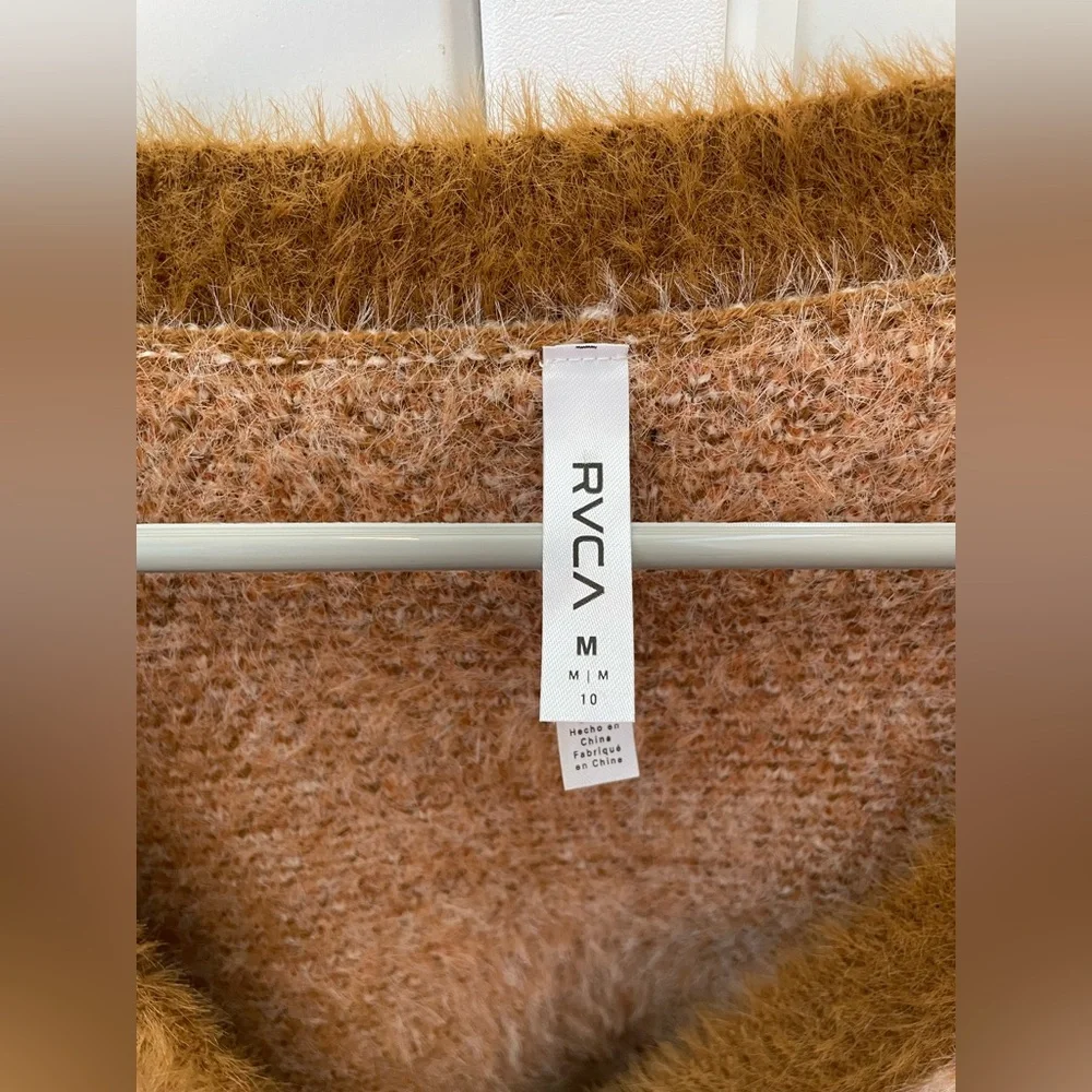 RVCA rare plaid v-neck cardigan women’s medium sweater brown tan cream unisex - Picture 2 of 10